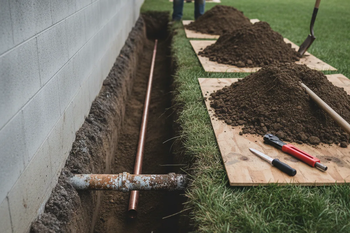 Excavated water line trench during Water Heater Repair in Montgomery Village